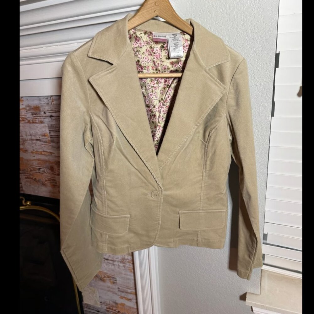 No Boundaries Corduroy Blazer Tan Floral Lined Jacket Juniors L 11/13